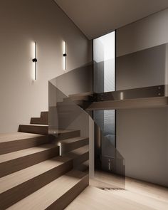 the stairs are made of wood and glass