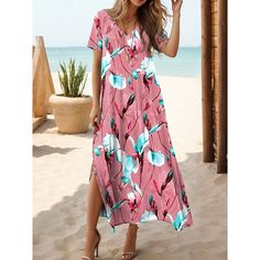 Season:Summer; Fabric:Polyester; Sleeve Length:Short Sleeve; Look After Me:Machine wash; Gender:Women's; Style:Maxi,Streetwear; Elasticity:Micro-elastic; Occasion:Holiday,Street,Vacation; Fit Type:Loose Fit; Dresses Type:Casual Dress,Summer Dress; Pattern:Floral; Design:Print; Neckline:V Neck; Front page:FF; Listing Date:03/08/2024; Bust:; Length:; Waist:; Fit US Size:; Fit UK Size:; Fit EU Size:; Dress Length Type:Long Dress Maxi Dress; Print Type:Print Pink V-neck Sundress, Pink V-neck Sundress For Beach, Pink V-neck Dresses For Vacation, Spring Beach Maxi Dress Non-stretch, Spring Beach Non-stretch Maxi Dress, Non-stretch Maxi Dress For Spring Beach Occasions, Holiday V-neck Floral Print Beach Dress, Non-stretch Dresses For Summer Beach, Casual Non-stretch Dress For Beach Season