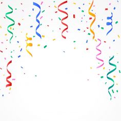 multicolored streamers and confetti on white background with space for text