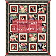 the quilt kit with fabric and pattern is shown in red, black, and white