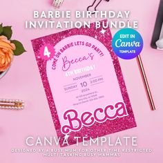 a pink birthday party card with the words beca on it, surrounded by other items