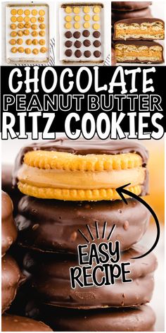 chocolate peanut butter ritz cookies stacked on top of each other with the words easy recipe below