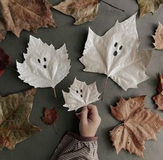 a child's hand holding up some leaves with faces drawn on them