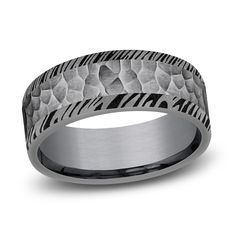 A distinctive hammered motif wraps handsomely through the center of this distinctive 8.0mm wedding band. Fashioned in bold tantalum, dynamic Damascus-inspired woodgrain edges border above and below the center to complete the look. Jared The Galleria Of Jewelry, Damascus, Bridal Rings, Wood Grain, Wedding Band, Wedding Bands, Wedding Rings, Band, Stone