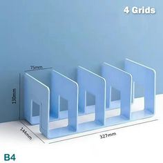 the four pieces of blue plastic are shown in front of a white background with measurements for each piece