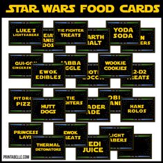 star wars food cards are shown in yellow and black, with the names for each card