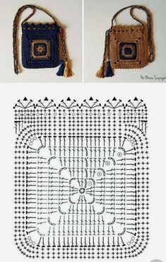 two pictures showing how to make a crocheted purse with fringes and tassels