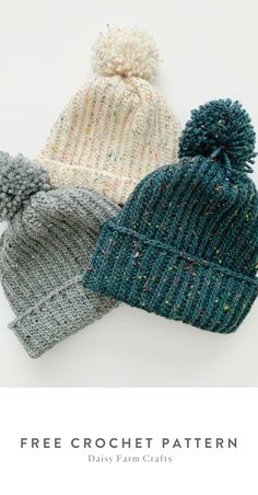 three knitted hats with pom - poms on top and the words free croche