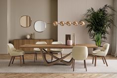 an elegant dining room with modern chairs and a large wooden table in the middle of the room