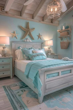 Starfish accents are a fun and whimsical addition to coastal bedroom decorating, bringing a playful touch of the sea into your space. Incorporate starfish patterns in small doses, such as on cushions, wall art, or tabletop decor, to add charm without being kitschy. Pair these accents with soft neutrals and oceanic hues to keep the room feeling fresh and airy. This decor choice is perfect for adding a personal touch to children’s rooms or casual beach-themed bedrooms. Discover more starfish accent ideas by clicking here. Ocean Inspired Bedroom, Summer Bedroom Decor, Costal Bedroom, Coastal Room Decor, Blue Bedroom Walls, Bedroom Decorating Tips, Dream Sleep, Beach Themed Bedroom, Ocean Room