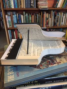 an open book sitting on top of a pile of books