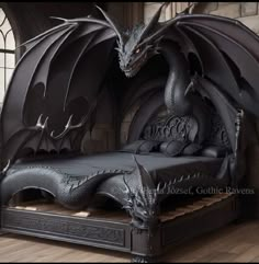 a bed that has a dragon on it