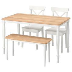 the table and chairs are all white with wooden seats on each side, along with a bench for two