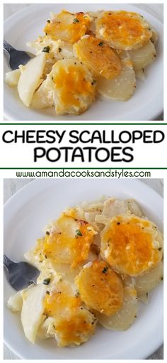 two pictures of cheesy scalloped potatoes on a white plate