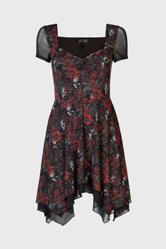 CRIMSON DECAY.- Soft, stretch fabric.- Statement all over print featuring florals and skulls.- Mesh cap sleeves.- Sweetheart neckline.- Hanky hem.- Mesh underlay skirt.- Fitted.With KILLSTAR branding, Fabric 1: 95% Viscose, 5% Elastane. Fabric 2: 95% Polyester, 5% Elastane.Machine wash cold (30°c) / Do not bleach / Do not tumble dry / Iron at low temperature / Do not dry clean. Imported. Fitted Skull Print Dress For Spring, Fitted Skull Print Dresses For Spring, Spring Fitted Dress With Skull Print, Sleeveless Skull Print Party Dress, Fitted Gothic Floral Print Dress, Black Skull Print Dress For Summer, Black Skull Print Summer Dress, Fitted Skull Print Party Dress, Fitted Gothic Dress With Skull Print