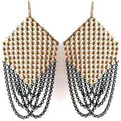 Gold mini-stud mesh is culled from a vintage purse (circa 1930-50s) and swagged with dark oxidized sterling silver chain. Machine Age Mesh Earrings are 1.5" wide and hang 3" long including the 14k gold filled ear wires. Each earring is signed with our logo link. Bronze Metal Jewelry For Evening, Antique Brass Jewelry For Evening Wear, Antique Brass Jewelry For Evening, Yellow Gold Box Chain Jewelry For Evening, Elegant Black Chainmail Jewelry, Elegant Oxidized Gunmetal Jewelry, Formal Gold Jewelry With Oxidized Finish, Victorian Style Oxidized Gold Jewelry, Formal Oxidized Gold Jewelry