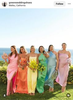 the bridesmaids are all wearing different colored dresses