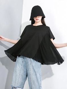 Chiffon Asymmetric Solid T-shirt - rrdeye Black T-shirt For Summer Layering, Black Asymmetrical T-shirt For Spring, Black Asymmetrical Hem Top For Spring, Black Summer T-shirt With Asymmetrical Hem, Black Asymmetrical Hem T-shirt For Summer, Summer Layering Blouse With Asymmetrical Hem, Short Sleeve Tops For Summer Layering, Black Asymmetrical Summer Top, Black Asymmetrical Tops For Summer