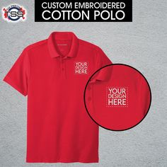 "These are Dri-Fit Polos. Our High Quality Embroidery would make your art or text or business logo stand out in public and is great for marketing purpose as well. Front Embroidery only. Custom Embroidered Dri-Fit Polo is used for exclusive events, street wear, marketing purposes, sports events etc. Embroidery looks exquisite on these polos. Custom Embroidered Polos are being sold in this listing. These Dri-Fit Polo T Shirts are Premium Quality business casual apparel type. Price includes your ar Cotton Polo T-shirt With Embroidered Logo, Cotton Polo Shirt With Embroidered Logo, Red Cotton T-shirt With Custom Embroidery, Polo Shirt Embroidery, Custom Polo Shirts, Polo Long Sleeve, Custom Made Clothing, Dri Fit Shirt, Polo T Shirt