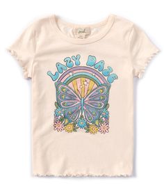 From Peek, this t-shirt features:Round necklineShort sleeves"Lazy Days" verbiage, a large butterfly, flowers, and a rainbow screen printed on the frontRuffled-edge trimPullover stylingCottonMachine wash/tumble dryImported. Toddler Graphic Tee, Largest Butterfly, Girls Graphic Tee, Lazy Days, Butterfly Flowers, Unique Outfits, Dillard's, A Rainbow, Kids Design