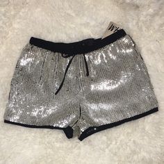 H&M Silver Sequins Shorts. Elastic Drawstring Waist. Fully Lined. New With Tag. Size 2 Metallic Disco Shorts For Night Out, Metallic Sequined Bottoms For Summer, Shimmer Bottoms For Summer Night Out, Shimmer Bottoms For Night Out In Summer, Summer Shimmer Bottoms For Night Out, Silver Disco Bottoms For Summer, Summer Night Out Shimmer Bottoms, Glamorous Metallic Silver Bottoms For Night Out, Metallic Disco Shorts For Summer