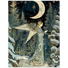 an angel in the woods with a crescent above it and snow on the ground below