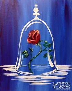 a painting of a red rose in a glass dome with water and sky behind it