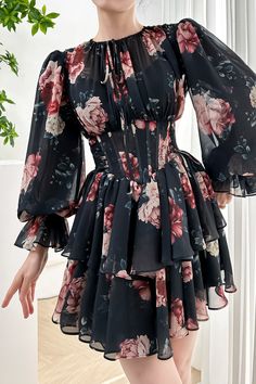 MissJophiel Long Sleeves Corset Black Floral Print Chiffon Tiered Mini Dress Ankara Dress Designs, Corset Outfits, Corset Black, Stylish Short Dresses, Tiered Mini Dress, Bold Floral Print, Floral Print Chiffon, Black Floor, Fashionista Clothes