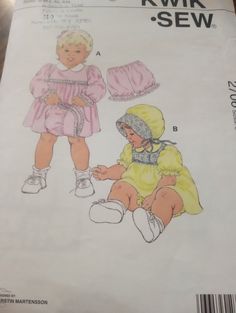 a child's dress and bonnet is shown on the front of a sewing pattern