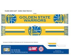 the golden state warriors scarf is shown in blue and yellow, with an image of a basketball