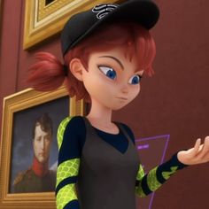 a cartoon character with red hair and blue eyes wearing a baseball cap, standing in front of a painting