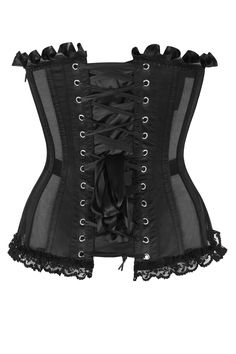 Full bust corset made of premium mesh fabric Underwire padded cups Ruffle & bow trim Side Zipper Closure Waist Tape Fully Steel Boned Lace-Up Back for cinching Black Strapless Nylon Corset, Elegant Fitted Mesh Corset, Black Corset With Lace Trim And Sweetheart Neckline, Fitted Nylon Underwire Corset, Fitted Nylon Corset With Straps, Party Nylon Underbust Corset, Fitted Underwire Nylon Corset, Elegant Nylon Corset With Boned Bodice, Black Fitted Mesh Corset