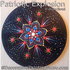 a black plate with red, white and blue dots on it that says patriotic explosion