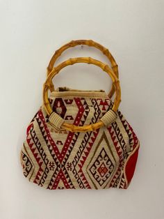 Super cute bamboo handle bag.  Aztec print with inner pocket.  Perfect little wrist bag for shopping or an outing.  Dimensions: 25cm length (inc handles) x 20cm width. Straw Bag With Rolled Handles, Natural Pouch Bag With Bamboo Handle, Everyday Straw Bag With Rolled Handles, Natural Color Pouch Bag With Bamboo Handle, Bohemian Bags With Bamboo Handle, Casual Straw Bag With Round Handle, Eco-friendly Shoulder Bag With Bamboo Handle, Bohemian Handheld Shoulder Bag With Bamboo Handle, Eco-friendly Bag With Bamboo Handle