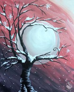 an acrylic painting of a tree with snow on it and the moon in the background