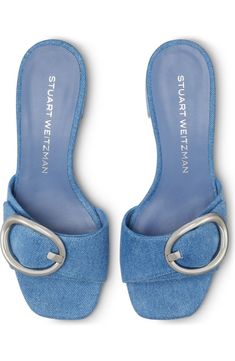 Luxury Slip-on Sandals With Tang Buckle, 2024 Sandals, Denim Slides, Denim Sandals, Latest Sandal, Square Toe Sandals, Shoe Company, Mule Sandals, Stuart Weitzman Shoes