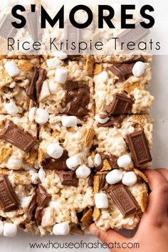 marshmallow s'mores rice krispie treats on a white surface with text overlay