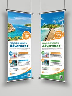 two roll up banners for travel the world's adventures