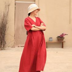 simplelinenlife-Linen-casual-summer-long-women-dresses Red Relaxed Fit V-neck Dress, Red V-neck Relaxed Fit Dress, Red Relaxed Fit Dress For Spring, Relaxed Fit A-line Maxi Dress For Summer, Relaxed Fit Summer Dress, Red Linen V-neck Dress For Summer, Red V-neck Linen Dress For Summer, Cross Wedding Dress, Wedding Dress Casual