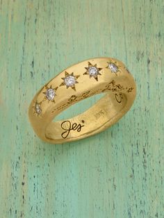 Available in Sterling Silver, 18k Yellow Gold, or 22k Yellow Gold 7 Diamonds Band Width: .25" Ethically Handcrafted in Ojai, California. Jes Maharry Jewelry, Starburst Ring, Constellation Ring, Ojai California, Artisan Rings, Horse Jewelry, Cuff Rings, Handmade Rings, Getting Engaged