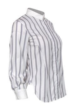 Add stripes to your office style in this blouse from Theory! A sleek pattern and classic silhouette make this top a professional staple. Pair with pumps and slacks for a boss lady look -- just don't forget your briefcase! Size P 100% Cotton Front button-up closure Unlined Collared neckline Long sleeve Open pocket on left side of bust Striped design Double buttons on cuffs Bust 32" Waist 32" Sleeve length 20.5" Shoulder to hem 24" Elegant Striped Blouse, White Office Lady Tops For Business Casual, Chic Spring Business Blouse, Chic White Business Tops, Classic Tailored Blouse For Business Casual, Tailored Tops For Workwear, Chic White Blouse For Business, Tailored Button-up Blouse For Business Casual, Formal Striped Tops With Button Closure