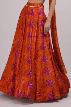 Pink, orange attached cancan lehenga with floral print and sequin work on waistband. Paired with embroidered padded blouse and dupatta. - Aza Fashions Designer Orange Silk Lehenga, Orange Silk Lehenga For Designer Wear, Designer Wear Orange Silk Lehenga, Orange Chanderi Sharara For Reception, Orange Anarkali Set For Reception And Festivals, Orange Chanderi Choli For Reception, Chanderi Choli In Orange For Receptions, Orange Silk Dupatta For Reception, Orange Sets For Reception And Festivals