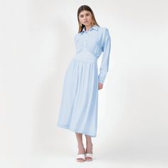 Baby Blue Midi Dress With Corset | BLUZAT | Wolf & Badger Elegant Dresses With Button Closure, Spring Semi-formal Midi Dress With Fitted Bodice, Classic Dresses With Button Closure For Daywear, Elegant Midi Dress For Daywear, Classic Belted Midi Dress, Timeless Fitted Daywear Dresses, Timeless Fitted Dress For Daywear, Classic Button-up Midi Dress For Semi-formal Occasions, Classic Midi Dress With Buttons For Daywear