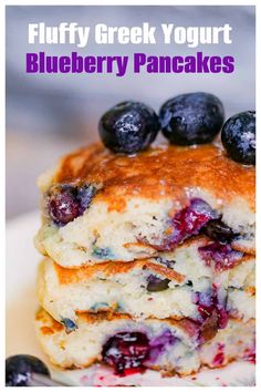 fluffy greek yogurt blueberry pancakes on a plate