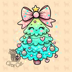 a cartoon christmas tree with a bow on it