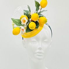 Handmade by Featured Milliner of The Kentucky Derby Museum 2023 & 2024! Lemon lovers! Lemon bundle on yellow sinamay base with whit birdcage veil detail. Attaches with headband. Not taking customs this year--Derby 150 is going to be massive and mom life keeps me running! However, happy to suggest pieces that will coordinate with your outfit. If you don't love the way this attaches to your head--message me!  I can swtich *most* pieces to your preference. Clip, Headband OR Elastic Cord  NOTE: Heav Spring Sinamay Mini Hats For Races, Yellow Mini Hat With Short Brim For Kentucky Derby, Yellow Mini Hats For Church, Yellow Hat Fascinator For Garden Party, Yellow Curved Brim Mini Hat For Kentucky Derby, Yellow Fascinator Hat For Garden Party, Yellow Summer Fascinator With Short Brim, Yellow Fascinator For Garden Party, White Sinamay Mini Hats For Spring