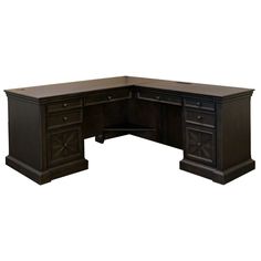 an executive desk with two drawers and one file cabinet on the left side, in dark wood