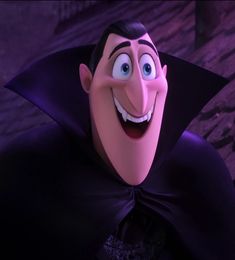 an animated character wearing a black cape and purple shirt with his eyes wide open, smiling at the camera