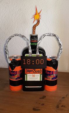 an alarm clock made out of beer bottles