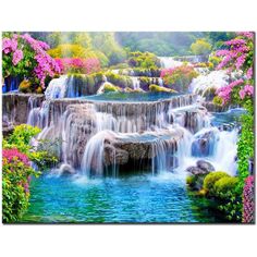 a waterfall with pink flowers in the background